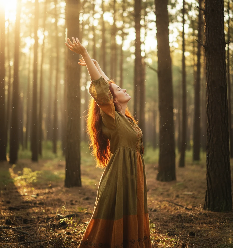 Spirituelle Verbindung im mystischen Wald mit goldenem Licht